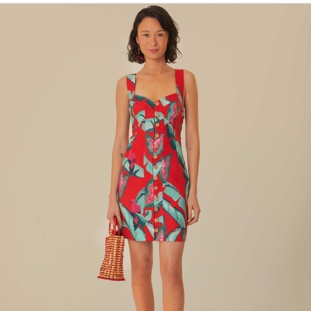 NWT FARM Rio Red Tropical Print Mini Dress 100% Linen